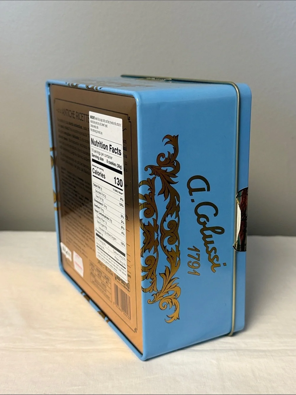 A. Colussi 1791 Blue Gold Decorative Metal Tin Storage Box Italian Biscuit Tin